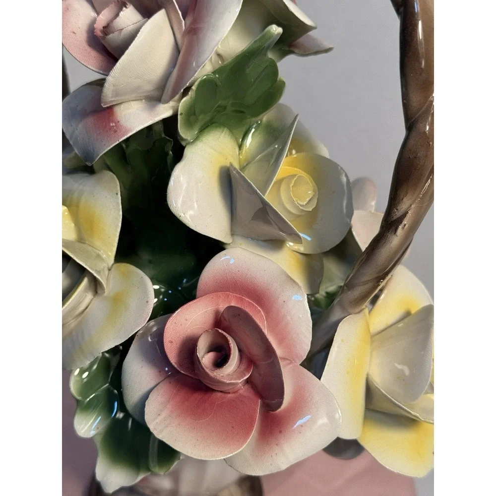 Large 12x10 Capodimonte‎ Roses Basket Italy Porcelain Vintage